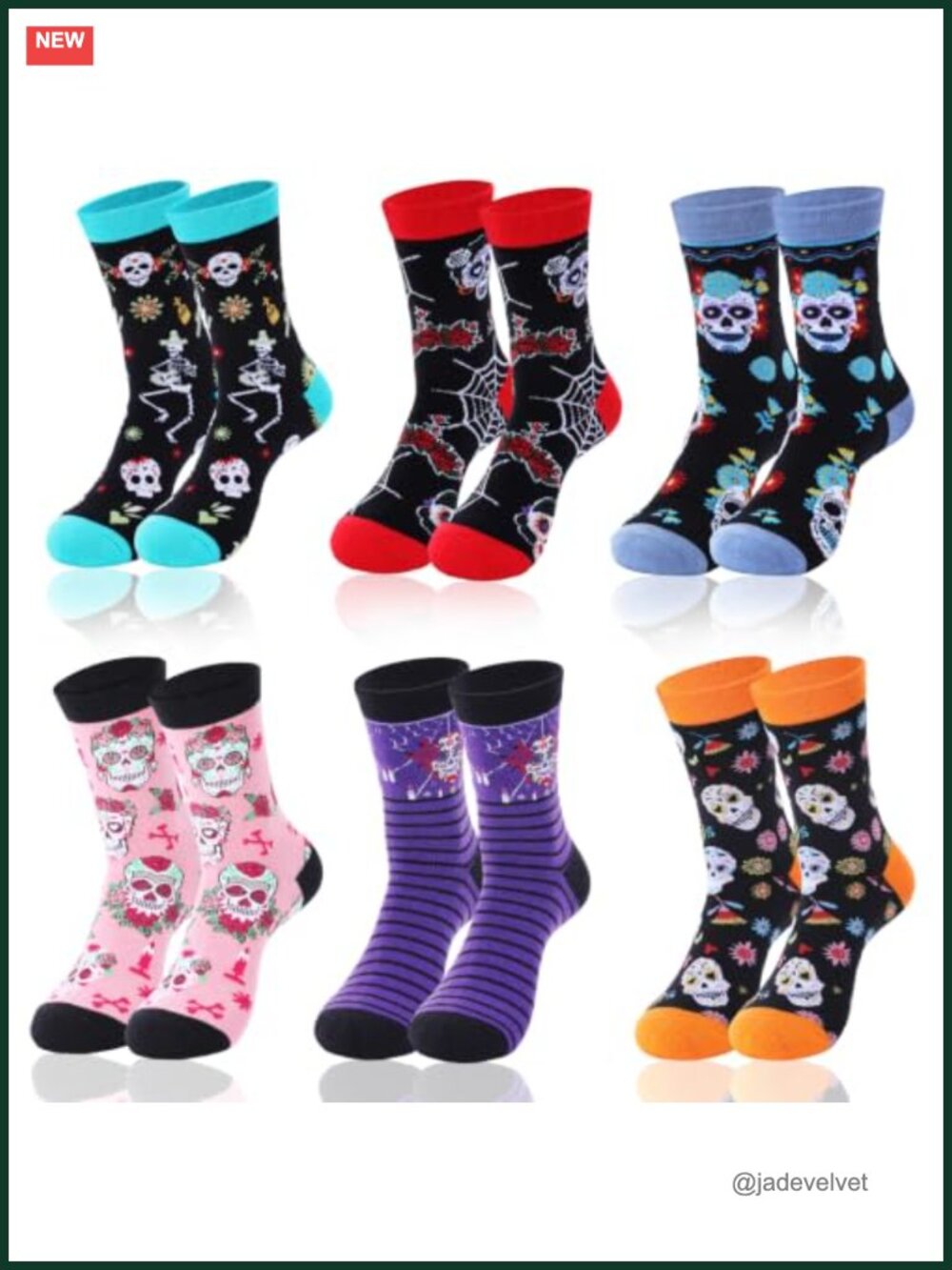 6 Pairs Sugar Skull Crew Socks Pure Cotton Novelty Halloween